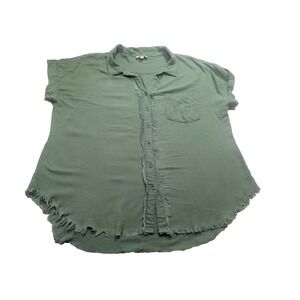 Umgee Boho Linen Top L Green Raw Edge Frayed Button Shirt Relaxed